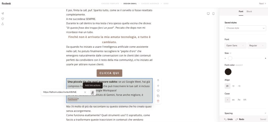 I link actions nell'editor di Flodesk