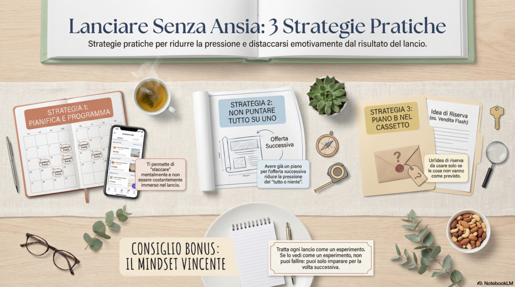 Infografica con le tre strategie per lanciare senza ansia: pianifica e programma, non puntare tutto su uno, piano B nel cassetto