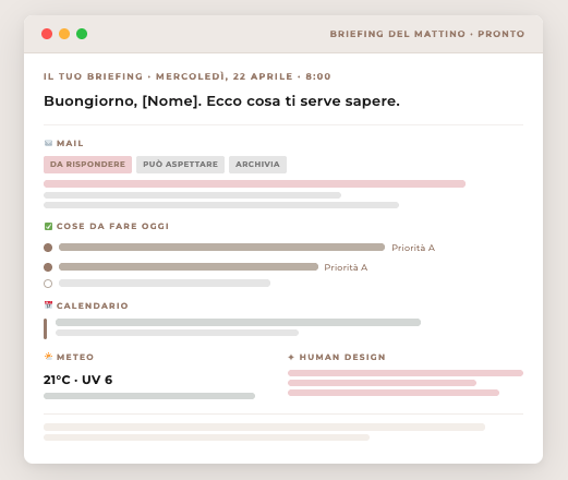 Esempio del briefing mattutino con AI: come appare Buongiorno Claude ogni mattina